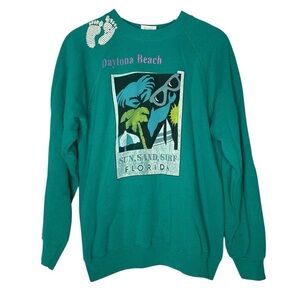 Vintage 80s/90s Hanes Daytona Beach Teal Graphic Crewneck Sweater size large